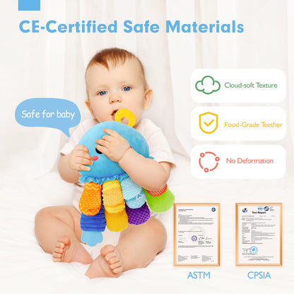 hahaland 8-in-1 Tummy Time Sensory Toy - 3+ Months Baby Rattle, Mirror & Teether Plush Toy - 0-12M Newborn Gift for Boys & Girls, Washable Soft Fabric, Octopus Montessori Toy