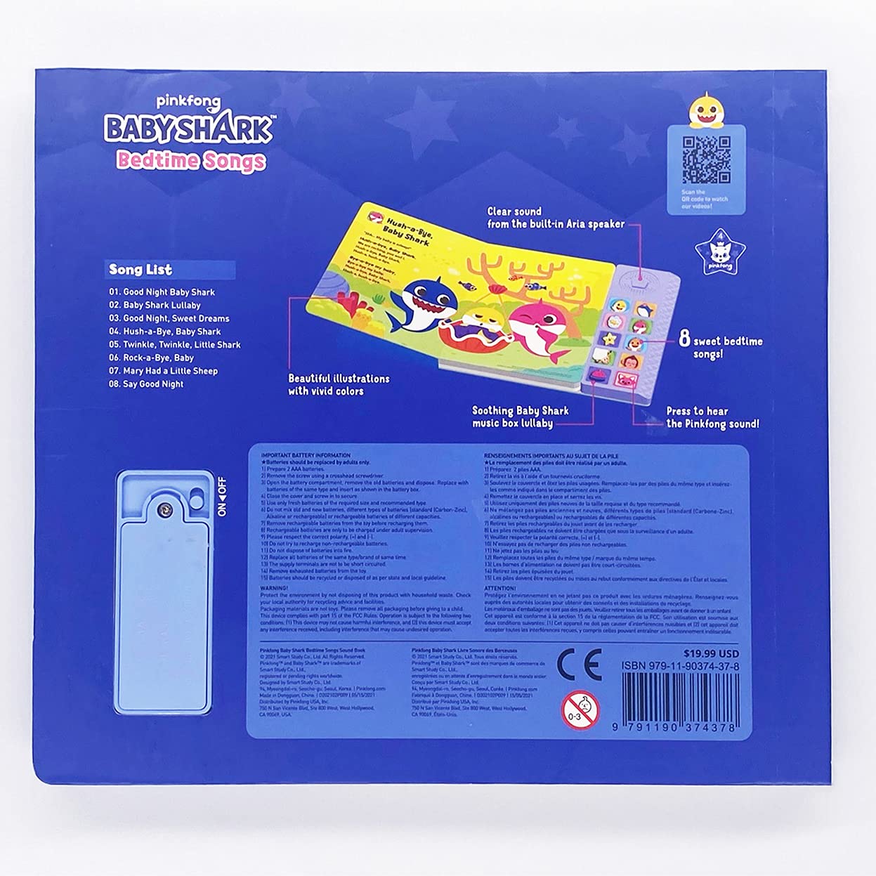 Pinkfong Baby Shark bedtime sound book with 10 buttons featuring lullabies and interactive learning for toddlers.