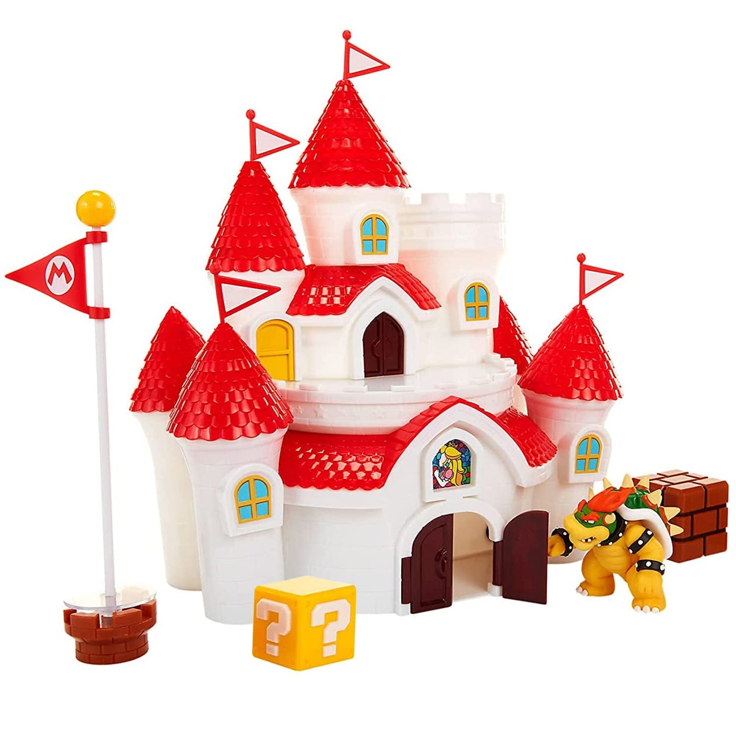 Nintendo Mushroom Kingdom Castle playset with Bowser figure, accessories, wall poster, officially licensed by Jakks Pacific.