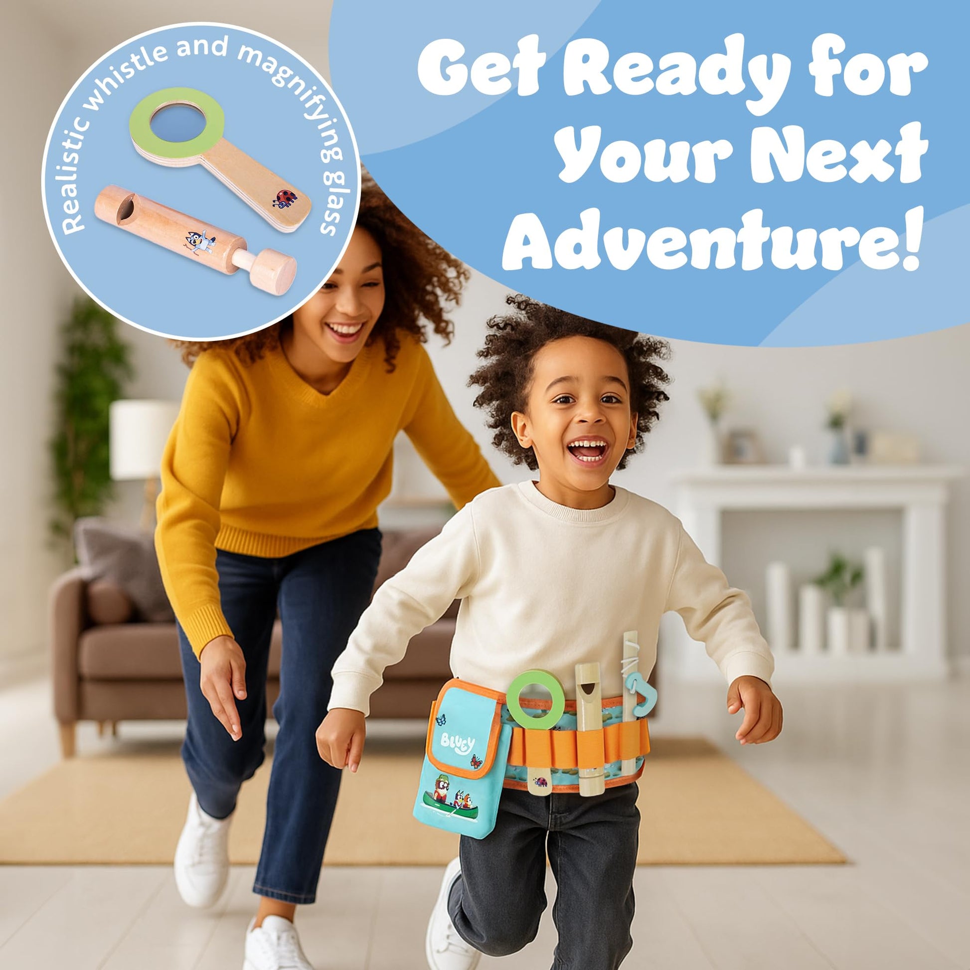 Bluey Adventure Belt with 17-piece explorer set including magnifying glass, compass, whistle, and pretend play accessories for kids.