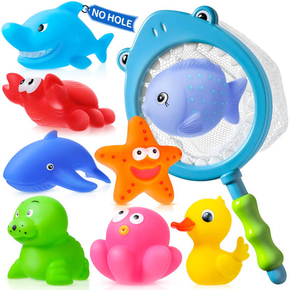 No Hole No Mould Baby Bath Toys - 9PCS Mould Free Bath Toys for 1 2 3 4 Year Olds Toddler Kids Sea Animals Rubber Bath Duck without Holes Swimming Pool Toys Water Play Toys for Boys Girls Children