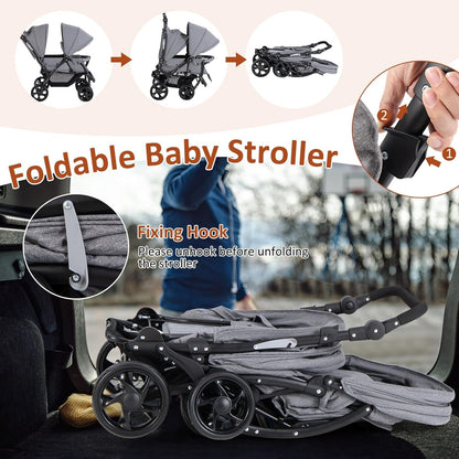 Foldable Twin Stroller, Double Baby Pushchair w/Multi-Level Backrest, Canopy, Handle & Footrest, Safety Belt & Brake System, Travel Tandem Seating Stroller w/Lockable Wheels (Gray)