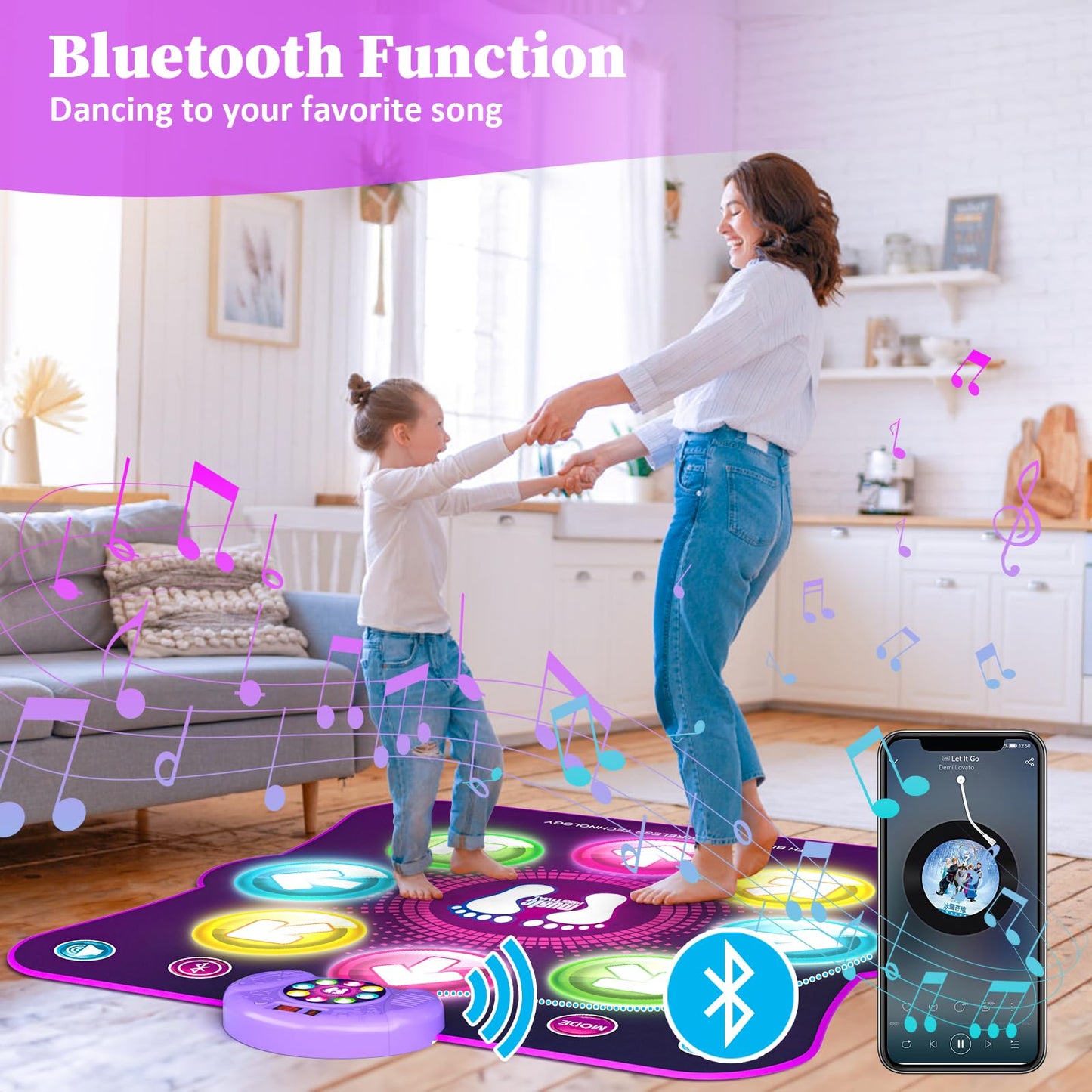 LEAPRCSTORE light-up dance mat for kids, rechargeable music dance pad with 6 game modes, suitable for ages 3 to 10+.