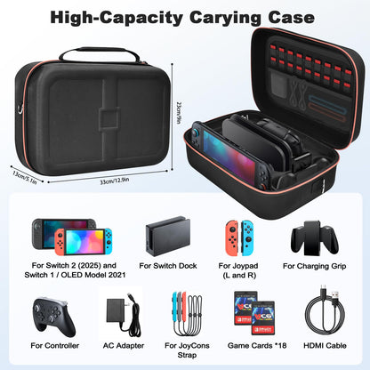 Gorixer black Nintendo Switch case with storage for console, accessories, and 18 game card slots, portable travel carry case.