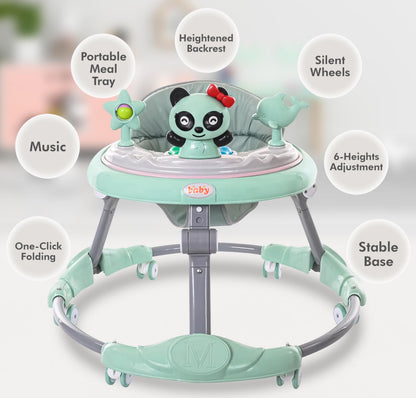 FK Sports baby walker in green with adjustable heights, activity center, toys, food tray, and silent wheels for 6-18 month-olds.