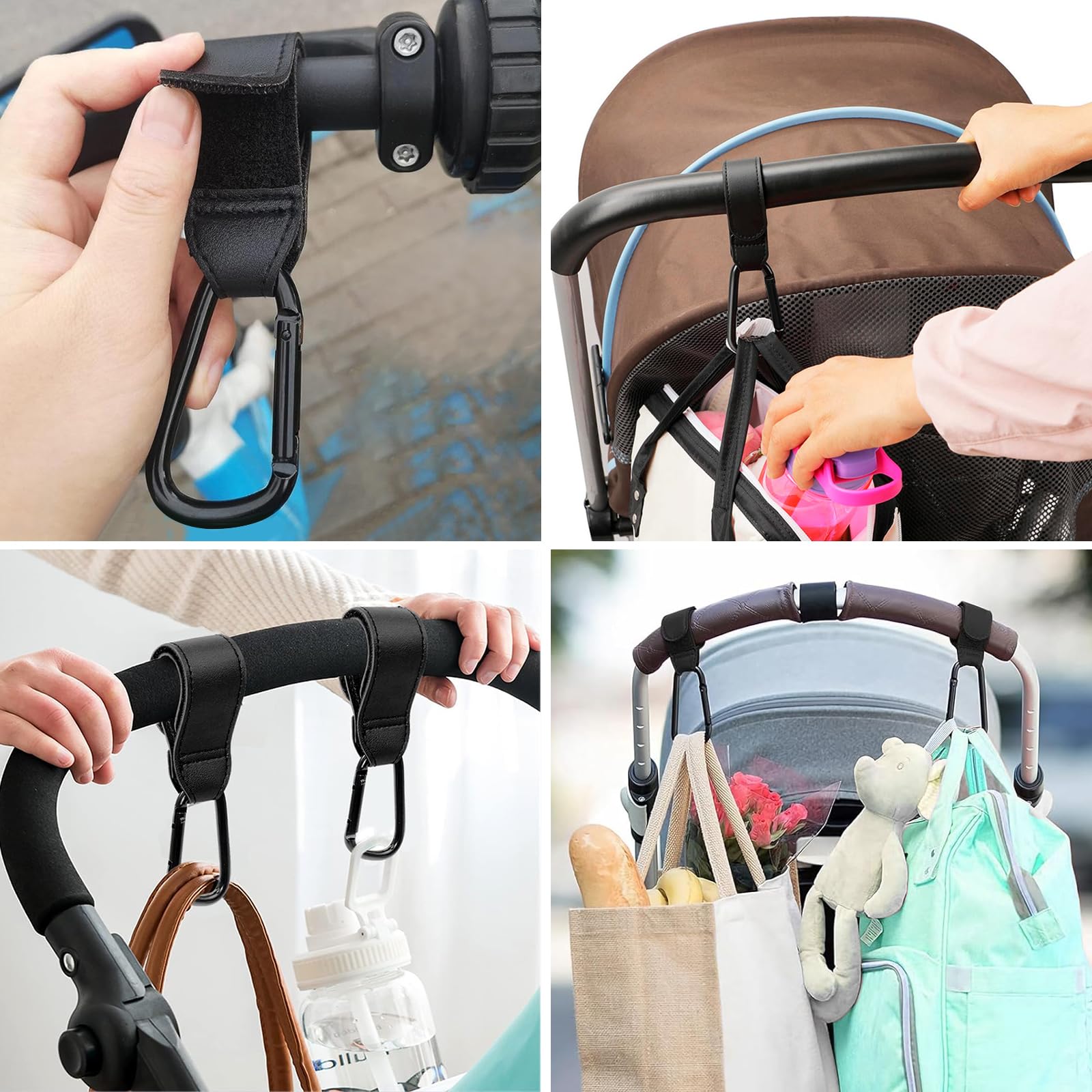 Set of four TENTHPEO PU leather buggy clips with adjustable straps and anti-slip design for strollers, diaper bags, and backpacks.