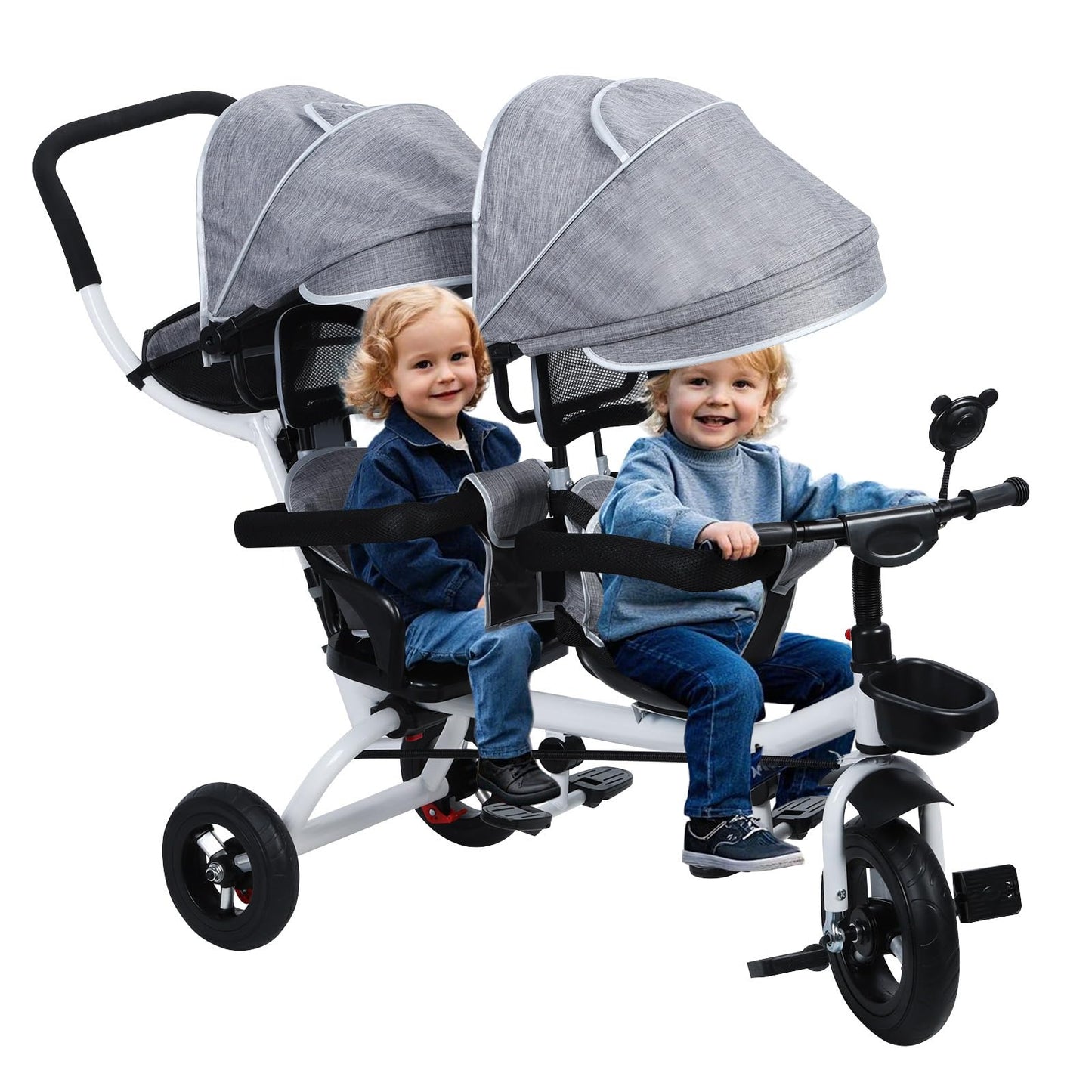 Bidbory Double Pram, Tandem Tricycle Double Buggy Double Pushchair Twin Stroller, with Double Seat and Canopy, Stroller for 2-8 Years Old Kid