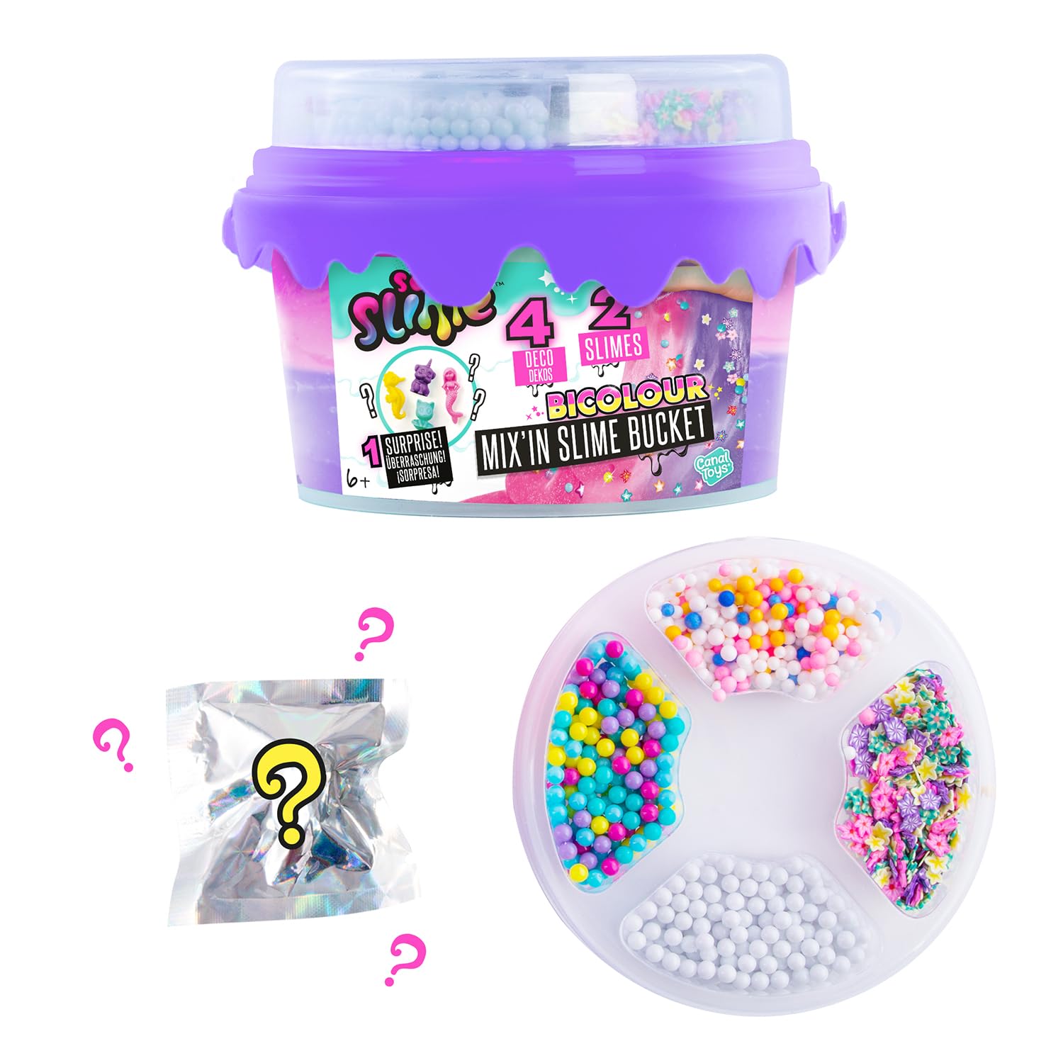 Colorful bucket of Canal Toys So Slime Mix'in slime with three vibrant colors and fun decorations for kids ages 6 and up.