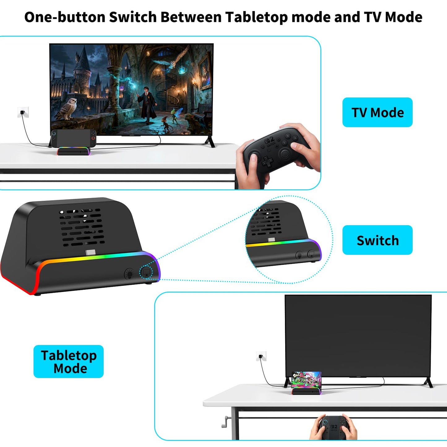 Riscvma Switch 2 Docking Station with 4K HDMI, 100W charging, USB 3.0 ports, and cooling fan for Nintendo Switch consoles.