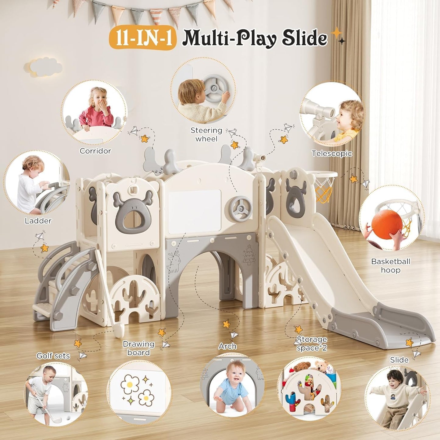 Kids Slide,Indoor Thickened Widened toddler slide with basketball hoop, climbing frame for the garden,storage space slide ((7-in-1 Elk Slide-Beige Gray))