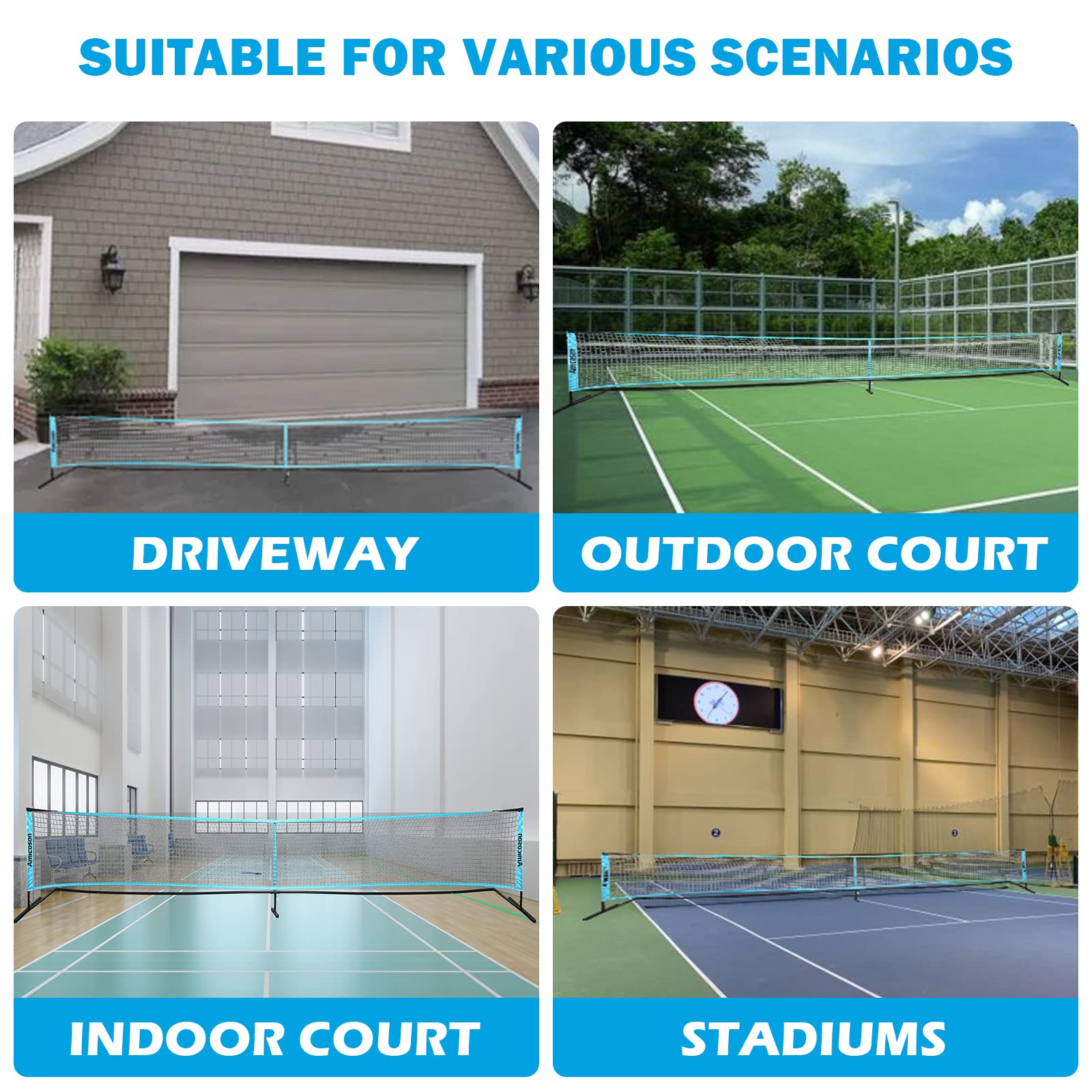Amicoson pickleball set with 22ft net, 4 wooden paddles, 8 pickleballs, carrying bag, court tape, and measuring tape.
