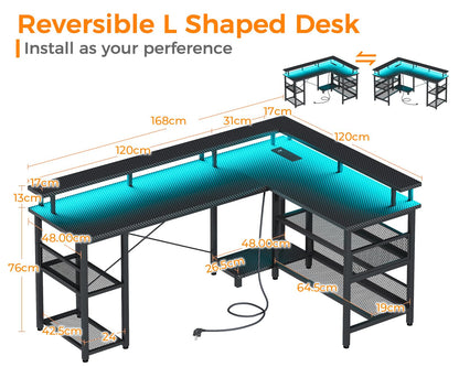 ODK L Shaped Gaming Desk with LED Lights & Power Outlets, 168×120cm Reversible Corner Desk with Storage Shelves, Computer Desks with Monitor Stand, Carbon Fiber Black