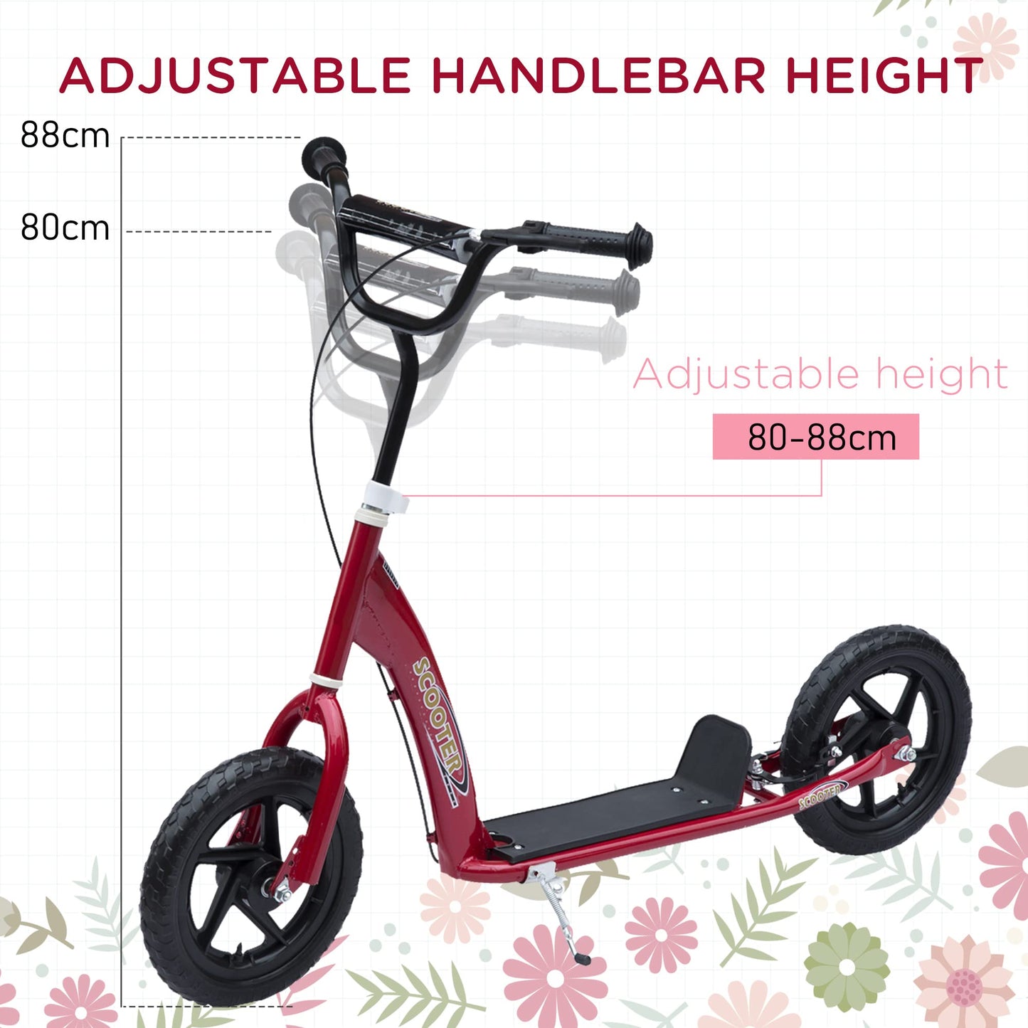 HOMCOM Kids Scooter, Toddler Kick Scooter with Adjustable Handlebar, 12" EVA Tyres, Rear Brake, for Age 5-12 Years, Red