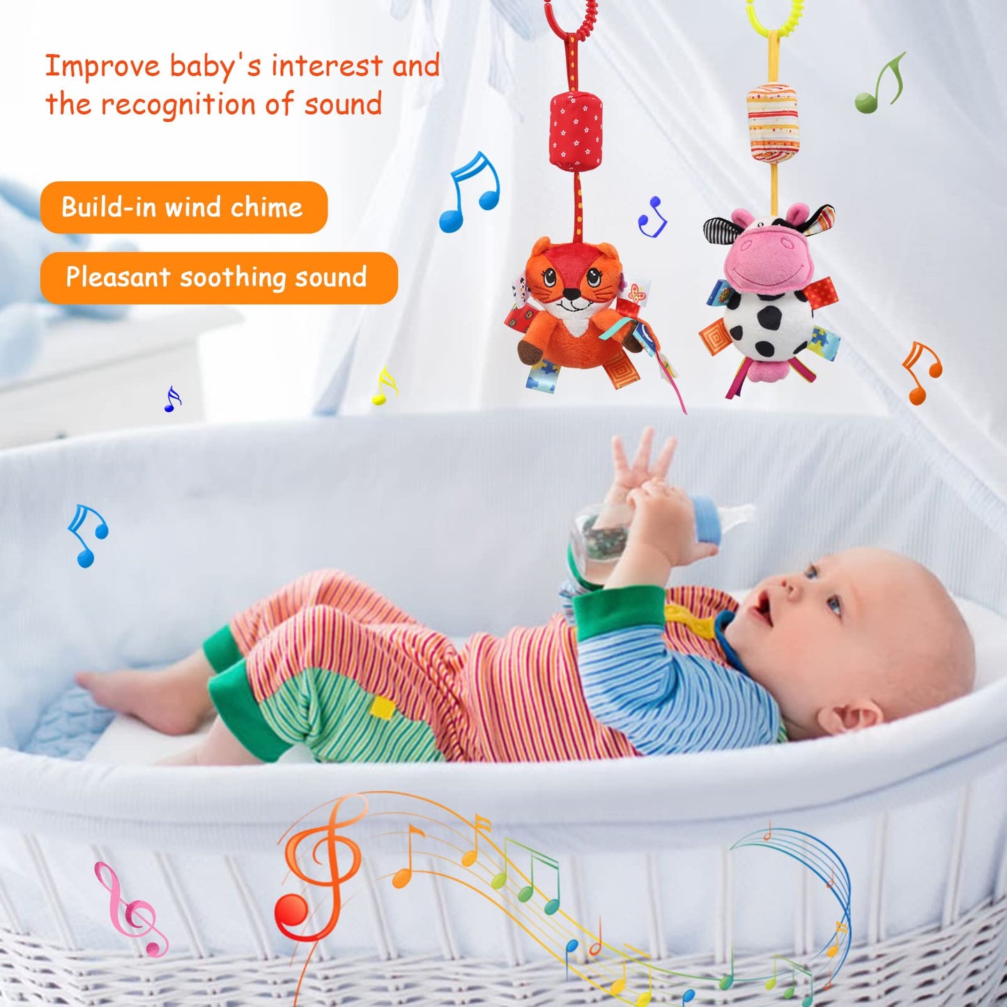 JoyLife baby pram pushchair toy with soft plush hanging rattle and wind chime, ideal for sensory learning in infant car seats and cribs.