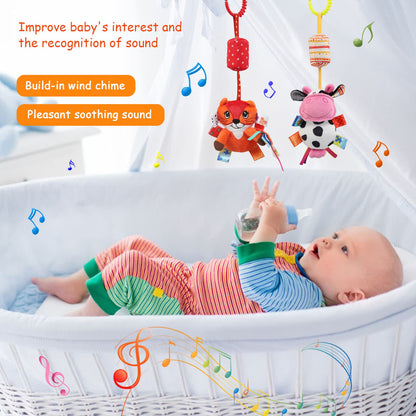 JoyLife baby pram pushchair toy with soft plush hanging rattle and wind chime, ideal for sensory learning in infant car seats and cribs.