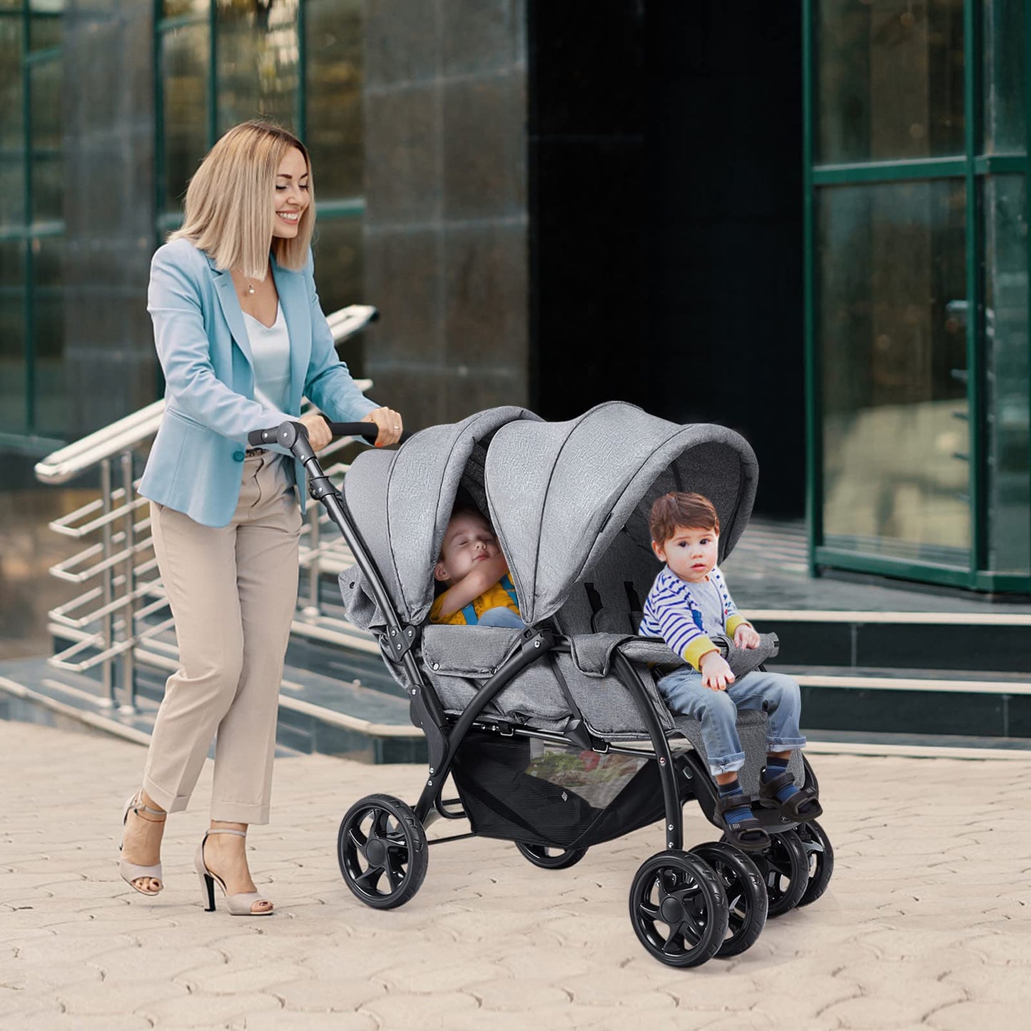 Maxmass Double Seat Baby Stroller, Folding Infant Pushchair with Adjustable Handlebar & Backrest, Storage Basket and Detachable Canopy, Travel Toddler Buggy for Shopping, Hanging Out (Grey)