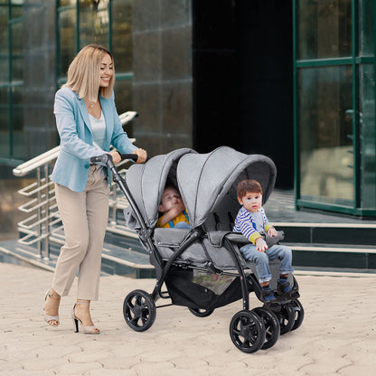 Maxmass Double Seat Baby Stroller, Folding Infant Pushchair with Adjustable Handlebar & Backrest, Storage Basket and Detachable Canopy, Travel Toddler Buggy for Shopping, Hanging Out (Grey)