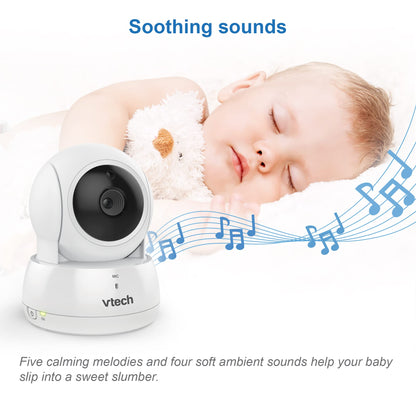 VTech VM924 video baby monitor with camera, 5-inch LCD screen, night vision, pan and tilt, and two-way talk in use.