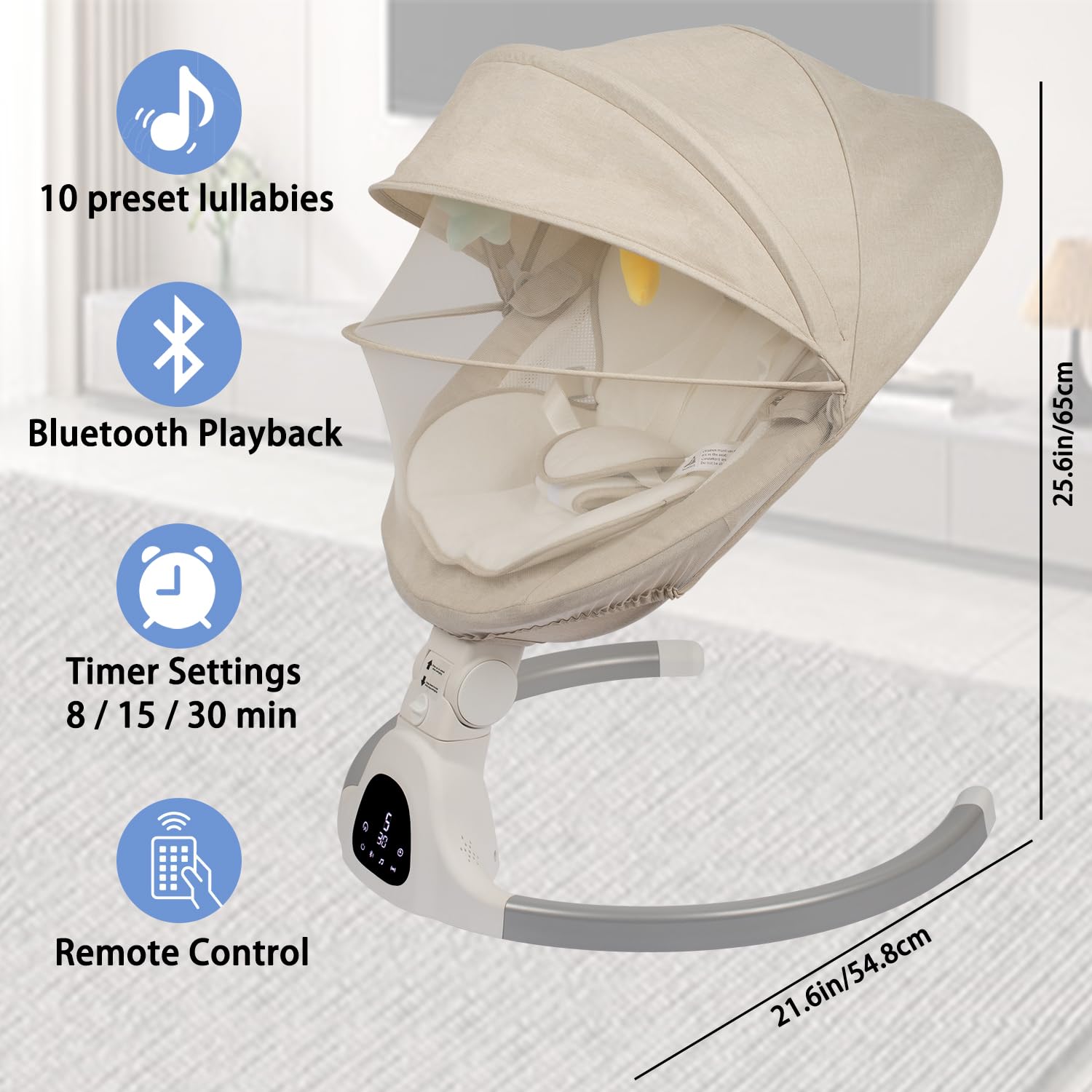 JFOVMCYG electric infant swing with remote, washable seat, 5 swing speeds, 3 seat positions, and secure 5-point harness.