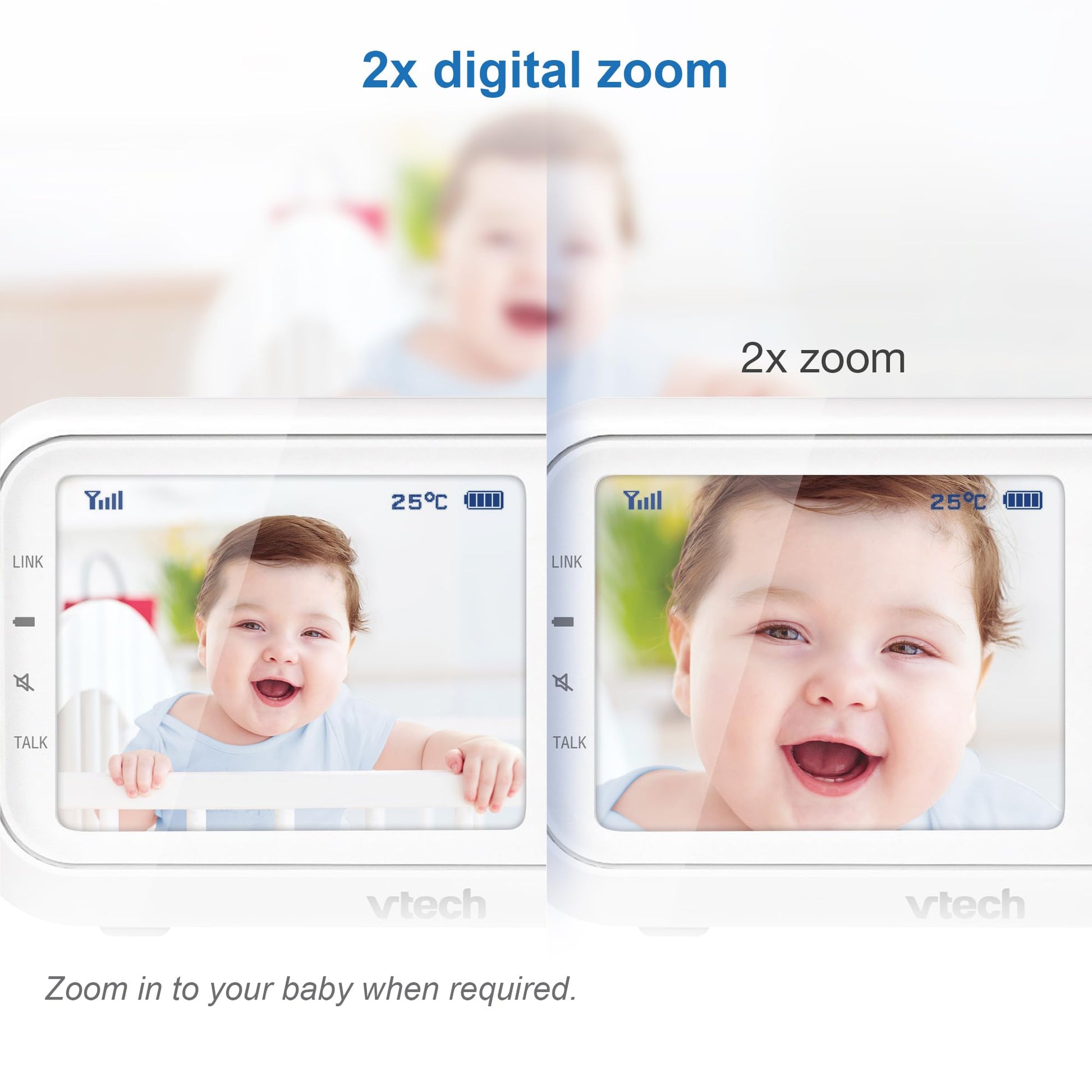 VTech VM3250 video baby monitor with camera, 2.8" LCD screen, night vision, long-range, soothing sounds, and temperature sensor.