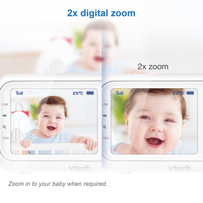 VTech VM3250 video baby monitor with camera, 2.8" LCD screen, night vision, long-range, soothing sounds, and temperature sensor.