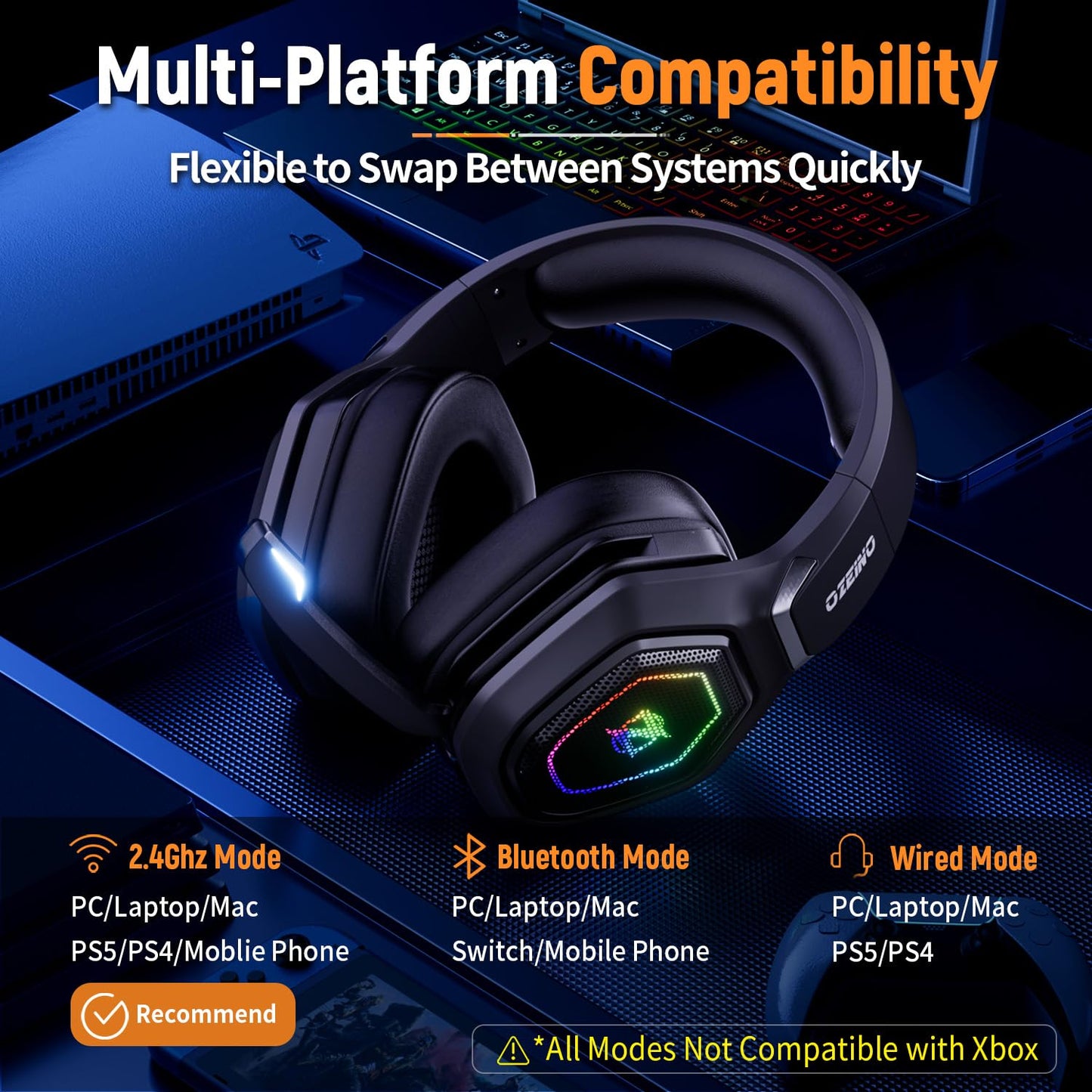 Ozeino Wireless Gaming Headset, Compatible with PC Ps5 Ps4 Boasts 2.4GHz Lossless Audio, USB & Type-C, Flip Microphone and 40-Hr Battery - Suited for Switch, Laptop, Mac