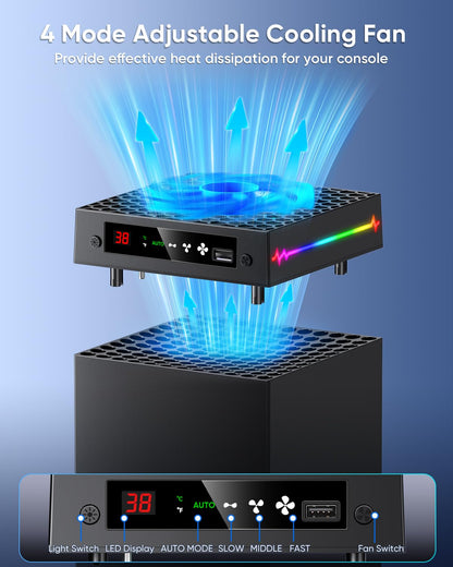 LED Display Auto Cooling Fan for Xbox Series X with 9 RGB Light Modes & Dust Cover, Cooling System Adjustable by Temperature with 4 Gears for Xbox Series X Console, Cooler & Headset Hook, USB Port