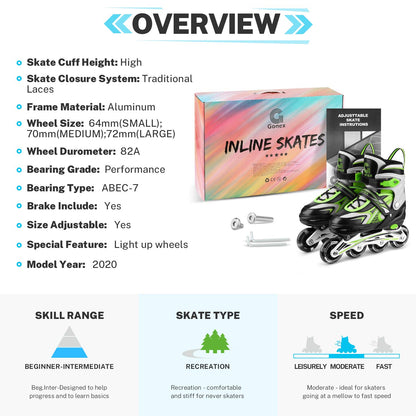 Gonex Children’s Inline Skates, Adjustable Inline Skates for Boys and Girls, EU 31-42, Green, M