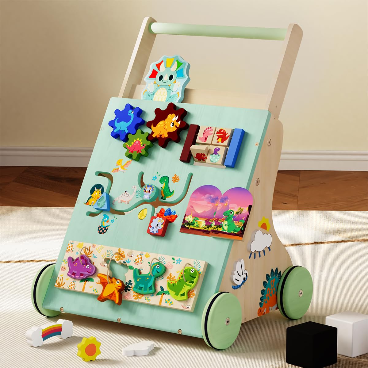 TERRAMUS wooden dinosaur baby walker with push handle and educational activities, designed for toddler motor skill development.