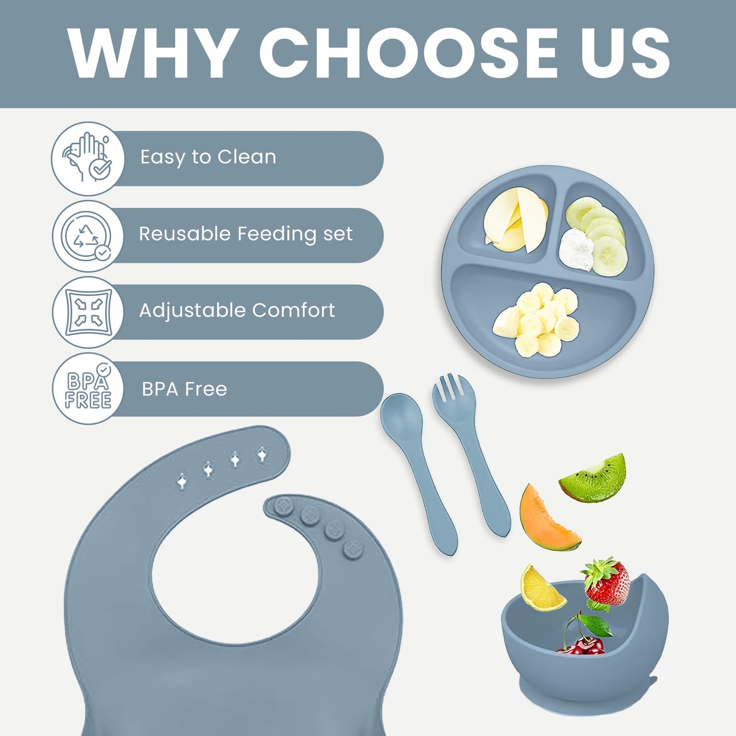 Indique Baby Weaning Set - 11 Pcs Silicone Baby Feeding Set with Suction Plate, Weaning Kit with Adjustable Bib, Fork, Spoon, Fruit Feeder & Toothbrush – Ideal Weaning Set Gift (Blue)