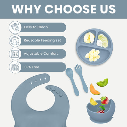 Indique Baby Weaning Set - 11 Pcs Silicone Baby Feeding Set with Suction Plate, Weaning Kit with Adjustable Bib, Fork, Spoon, Fruit Feeder & Toothbrush – Ideal Weaning Set Gift (Blue)