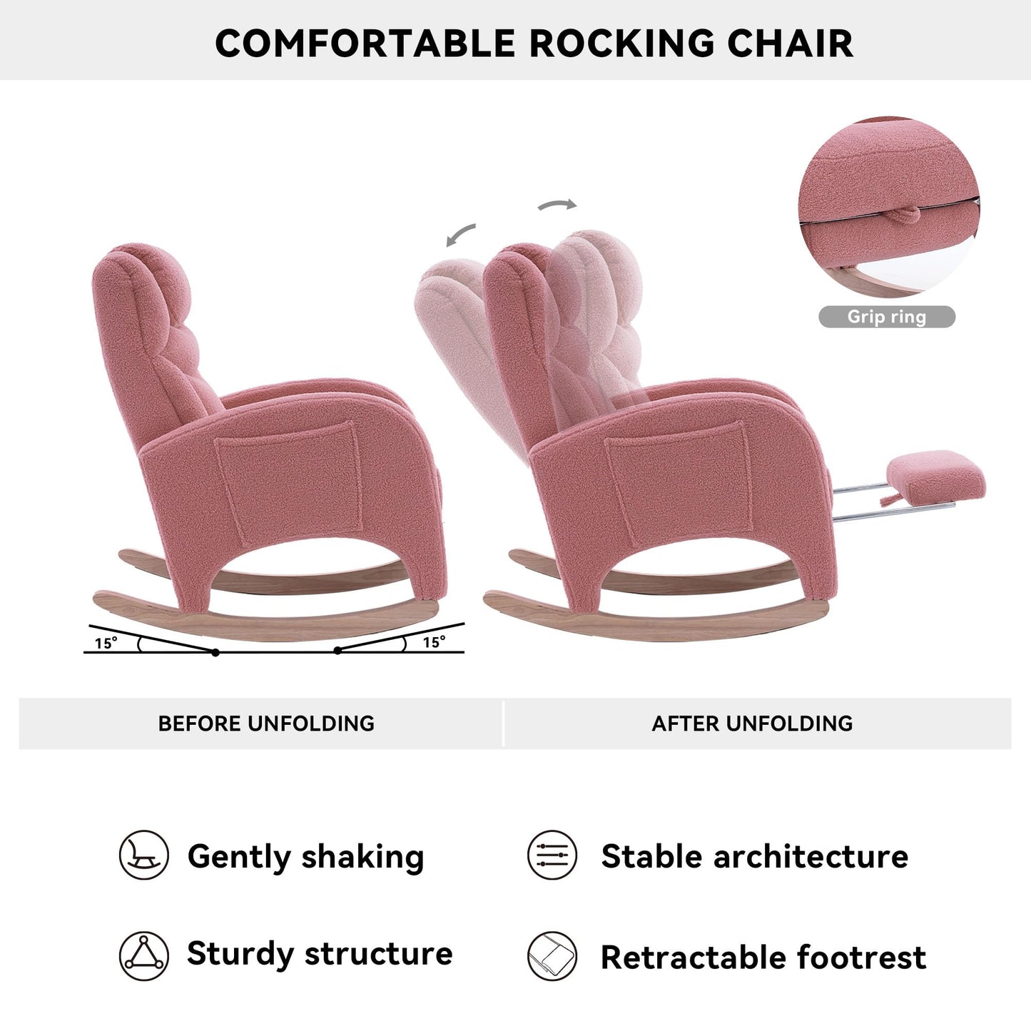 Pink DEKKETO Teddy rocking chair with headrest, footrest, side pocket, ideal for nursing, breastfeeding, and nursery comfort for adults