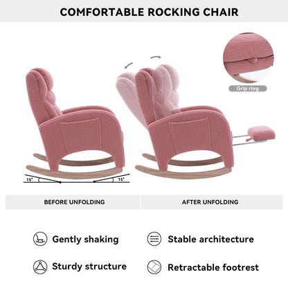 Pink DEKKETO Teddy rocking chair with headrest, footrest, side pocket, ideal for nursing, breastfeeding, and nursery comfort for adults
