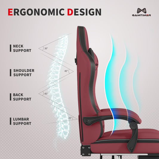 Gamtimer Gaming Chair with Footrest, Ergonomic Computer Chair, PU Breathable Material with Headrest and Lumbar Support, Suitable for Silla Gamer and Adults (RED)