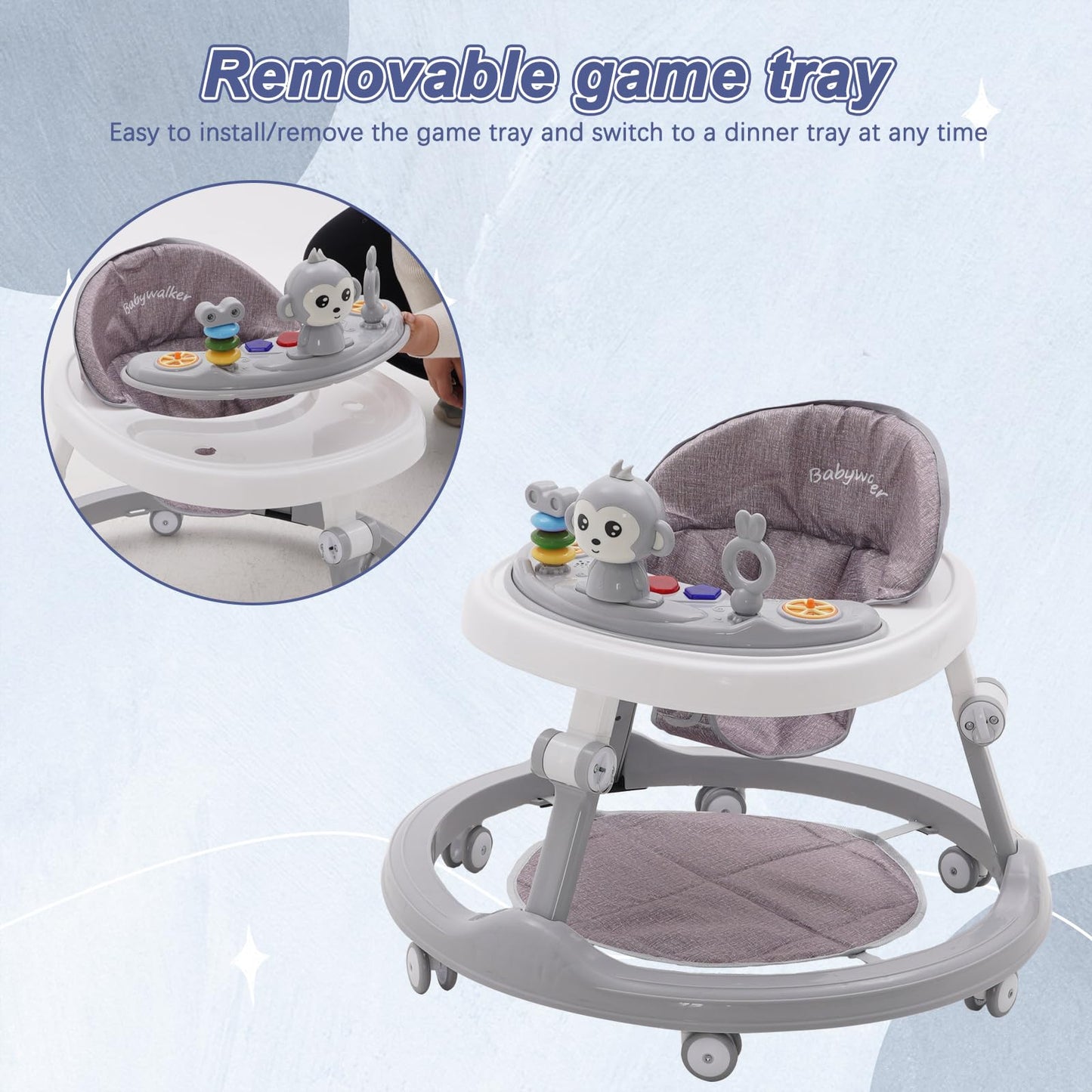 Maycoly foldable 3-in-1 baby walker with adjustable height, seat, foot pads, light sounds, and anti-rollover safety features.