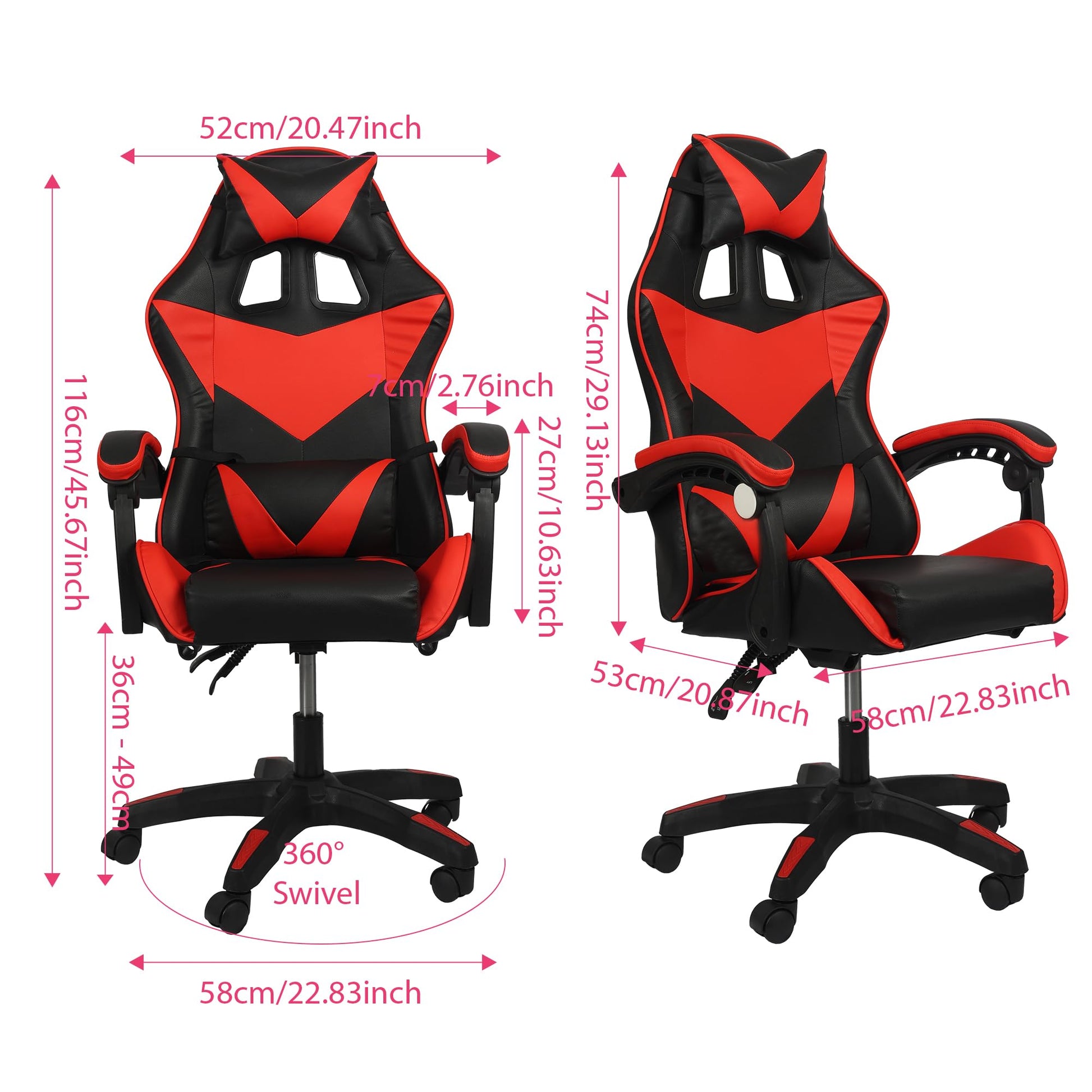 Black and red Shine Planet gaming ergonomic office chair with lumbar support, adjustable headrest, recline, and tall drafting design.