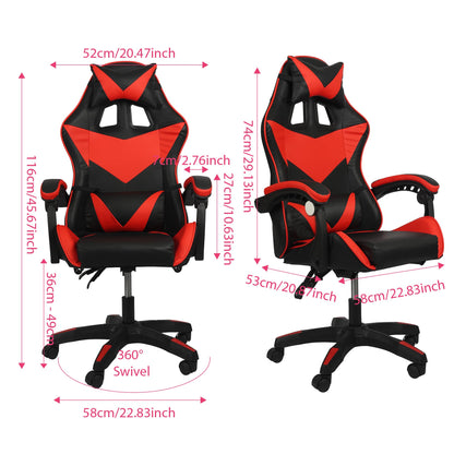 Black and red Shine Planet gaming ergonomic office chair with lumbar support, adjustable headrest, recline, and tall drafting design.