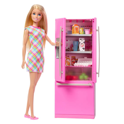 Barbie doll and kitchen playset with refrigerator, 10 accessories, food pieces, and sticker sheet for imaginative pretend play.