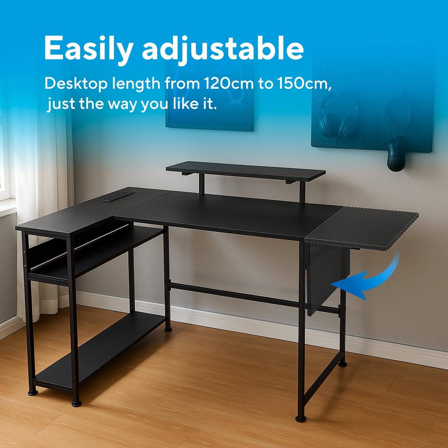 LEVSON L-Shaped Gaming Desk 150×80 cm, Carbon Fibre Computer Table with LED Lights, Power Outlets & USB Ports, Foldable & Extendable Design from 120cm to 150cm, Black Corner Desk for Home Office