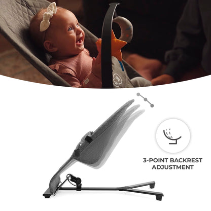 Kinderkraft Mimi baby bouncer in gray with soft material, toy bar, adjustable seat, non-slip elements, designed for newborns up to 9 kg