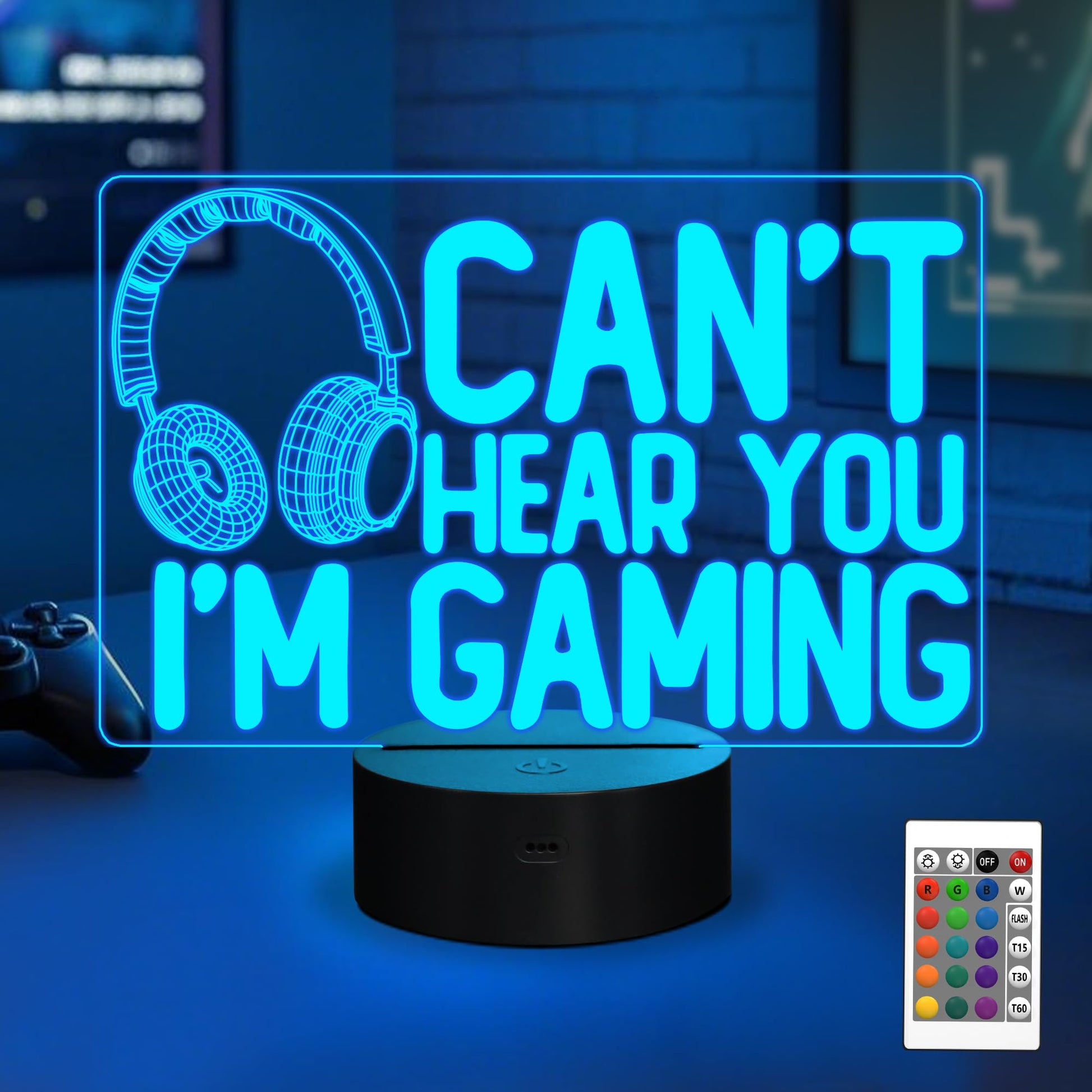 YuanDian gaming night light with headset graphic, 16 color options, touch and remote control, ideal for gamers and teens.