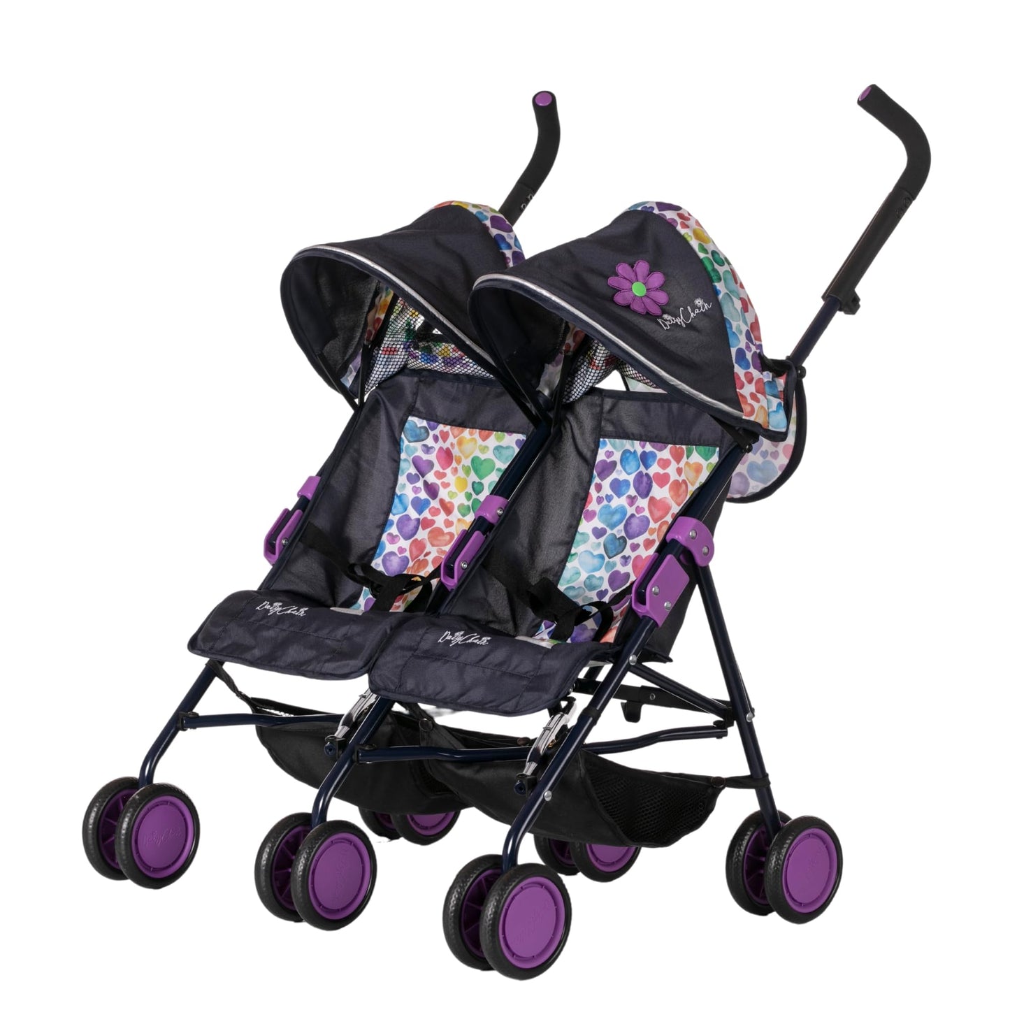 Daisy Chain Zipp Twin Max Dolls Pushchair – Adjustable handles from 76-82cm. For ages 4,5,6,7,8 or 9 years. (Rainbow Hearts)