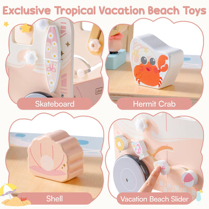 ROBUD Wooden Baby Walker with tropical beach bus design, interactive push toy for toddlers, adjustable height and speed for motor skill development