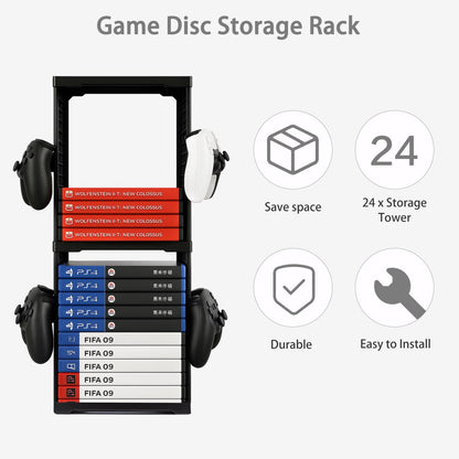 JF HOME BLISS Game Storage Tower Universal Vertical Stand Holds 24 Discs for PS5 Xbox Series X/S Switch PS4 Blu-Ray Double-Tier Organizer with Controller Hooks Space-Saving Design for Gamers