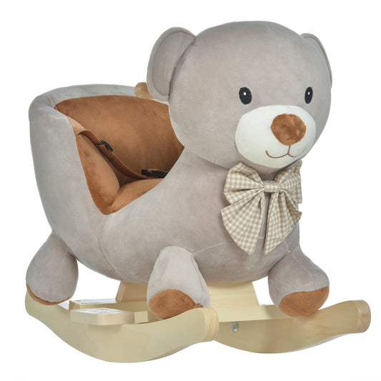 HOMCOM Kids Children Rocking Horse Plush Ride On Bear Seat w/Sound Wood Base Seat Safety Belt Toddler Baby Toy for 18-36 Months Grey