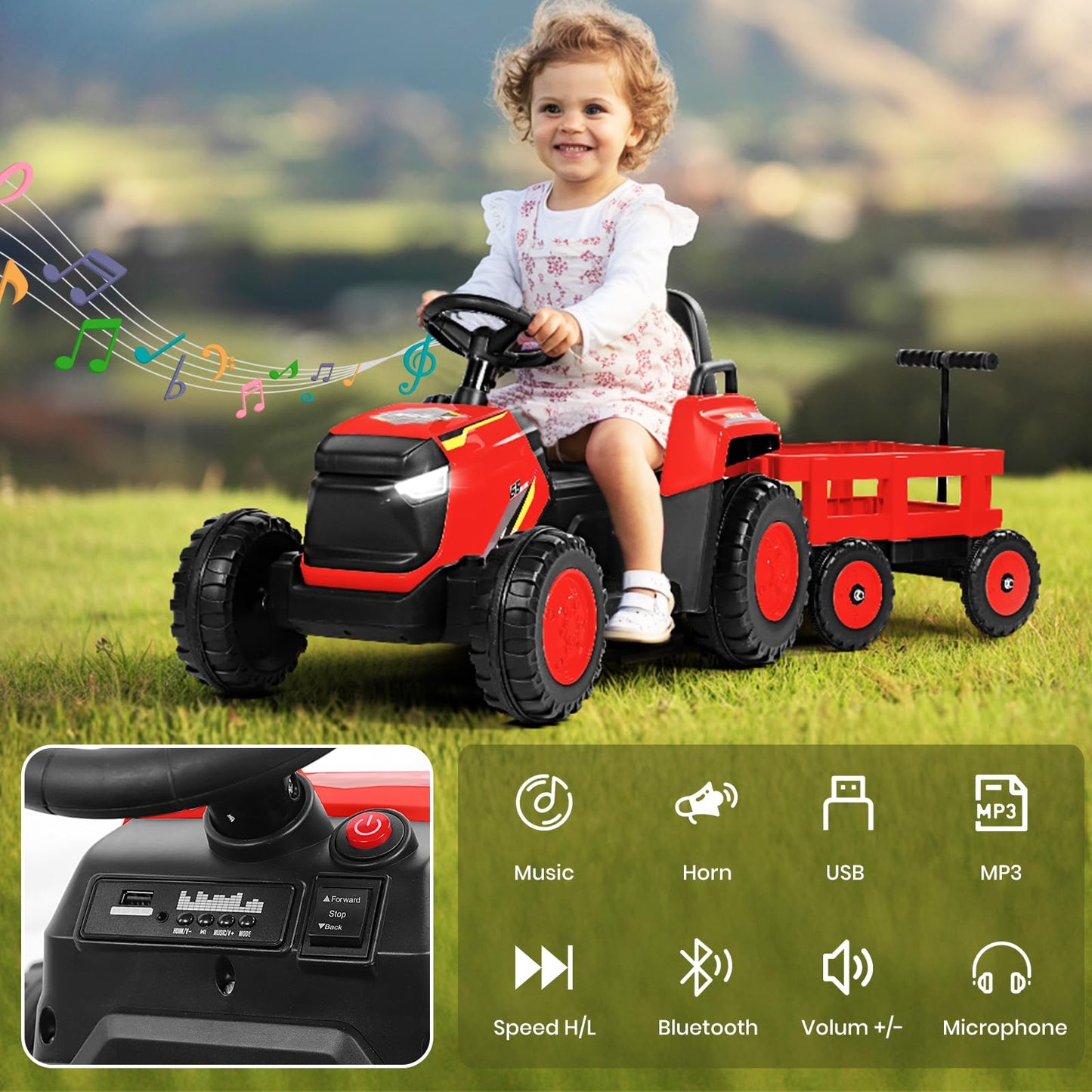 H.yeed Kids Ride on Tractor and Trailer Aged 3-6, 12V Battery Powered Electric Toy Car with Remote Control, Bluetooth Music, LED Lights & USB for Boys, Girls (Red)