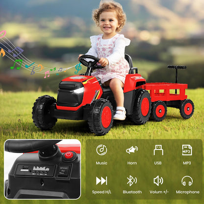 H.yeed Kids Ride on Tractor and Trailer Aged 3-6, 12V Battery Powered Electric Toy Car with Remote Control, Bluetooth Music, LED Lights & USB for Boys, Girls (Red)