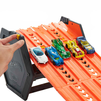 Hot Wheels Track Builder Action set featuring a 5 lane racetrack, toy storage bucket, and one toy car for ages 4 to 10.
