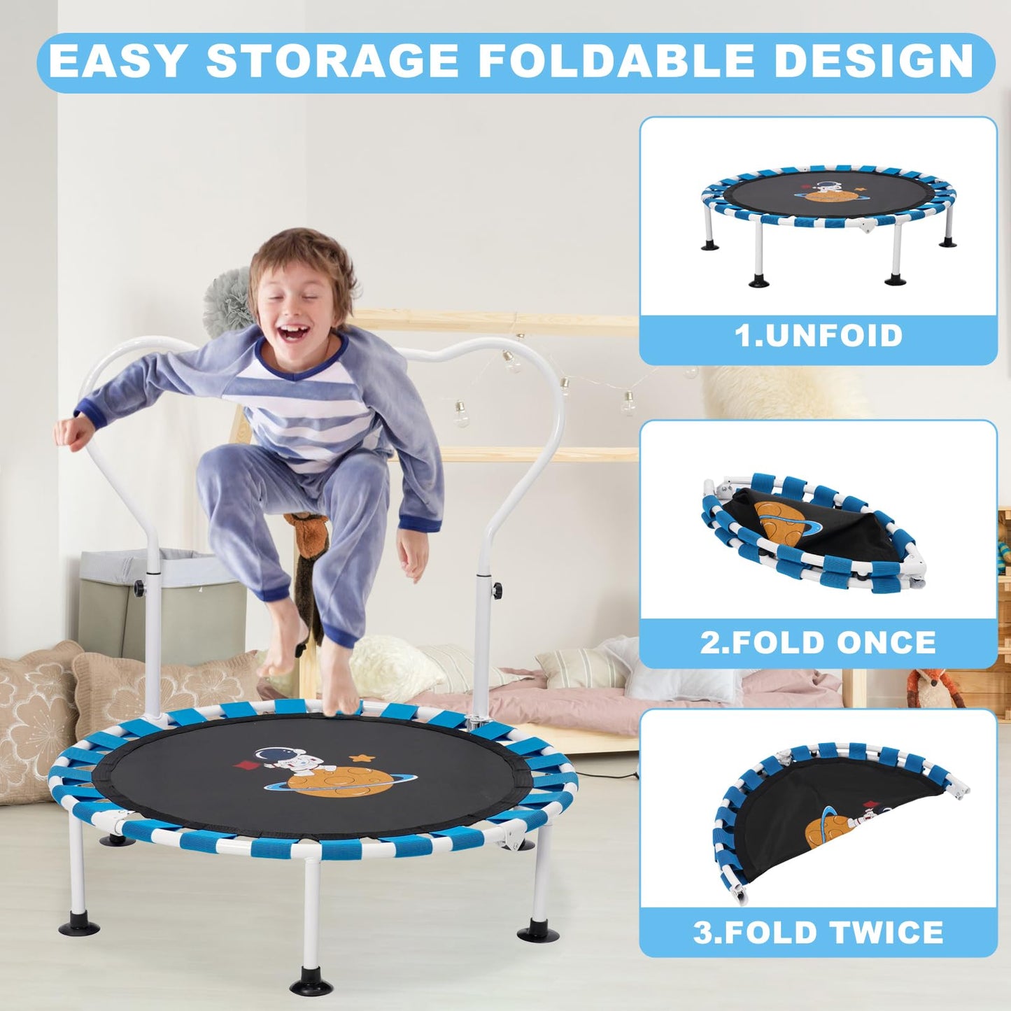 39 inch Trampoline For Toddlers Height Adjustable,Foldable Mini Trampoline For Kids,Baby Sensory Balance Toy Indoor Outdoor 3 4 5 Year Old,Gifts For Girls and Boys (Blue)
