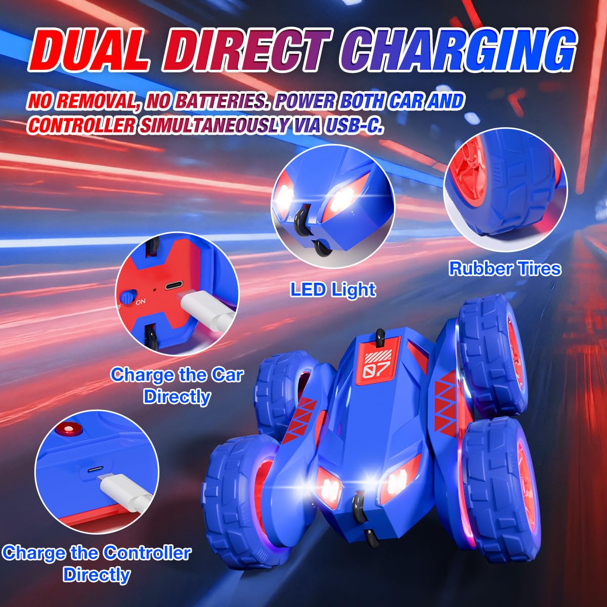 Dual Direct Charging Remote Control Cars with LED Light,High Speed 2.4Ghz 4WD Rc Stunt Car,Indoor and Outdoor 360° Rotates 180°Flips Electric Vehicle Toys Gifts for 3-12 Year Old Boys Girls Kids